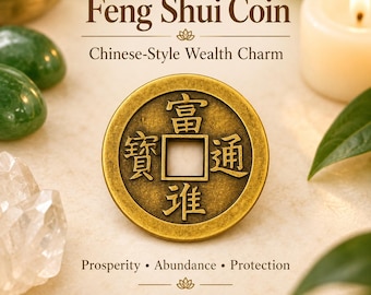 May include: A round, antique-gold colored metal coin with a square hole in the center and Chinese characters embossed on its surface. The text "Feng Shui Coin", "Chinese-Style Wealth Charm", and "Prosperity • Abundance • Protection" is visible.