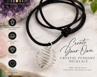 May include: A silver-toned metal spiral cage pendant on a black cord necklace. The text reads: KREATIVE VIBRATIONS, Create Your Own CRYSTAL PENDANT NECKLACE, ONE NECKLACE, ENDLESS POSSIBILITIES, CRYSTALS NOT INCLUDED, INTERCHANGEABLE CRYSTALS, ADJUSTABLE CORD.