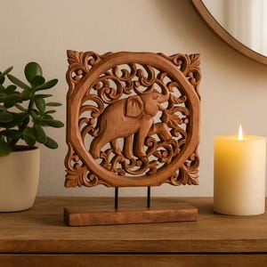 Hand-Carved Elephant Wood Art – Symbol of Strength, Wisdom & Protection | 12x15