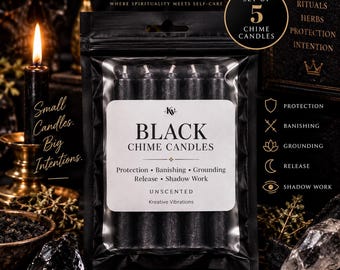 May include: A set of five unscented black chime candles in a clear plastic pouch. The label reads: Kreative Vibrations, Black Chime Candles, Protection, Banishing, Grounding, Release, Shadow Work. The packaging features a crown logo and text.