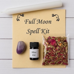 Full Moon Spell Kit | Cleansing Ritual Herbs, White Candle, Altar Oil & Crystal | Moon Magic Kit