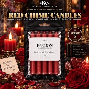 May include: A set of five red chime candles in a black resealable pouch. The label reads: Kreative Vibrations, Passion Ritual Chime Candle, Desire, Vitality, Power, Red. The packaging features a hanging hole at the top and a clear window.