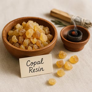 May include: A wooden bowl filled with amber-colored copal resin. A small wooden bowl holds a burning incense. A card reads "Copal Resin". A bundle of sage and a sprig of rosemary are in the background. The image is on a neutral-colored surface.