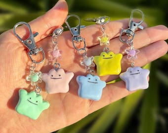 Colorful Ditto Inspired Keychains, Handmade Polymer Clay Accessory, Cute Pastel Star Bead, Pokemon Inspired charms, Kawaii Anime Bag Decor