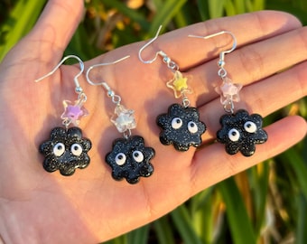 Sparkly Soot Sprite Earrings: Polymer Clay Charms, Sterling Silver Hooks, Chunky Style Earrings, Anime Jewelry, Studio Ghibli Inspired Gifts