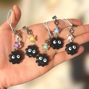 Sparkly Soot Sprite Phone Charms, Handmade Polymer Clay Accessory, Cute Pastel Star Bead, Studio Ghibli Inspired Keychain, Kawaii Anime Gift
