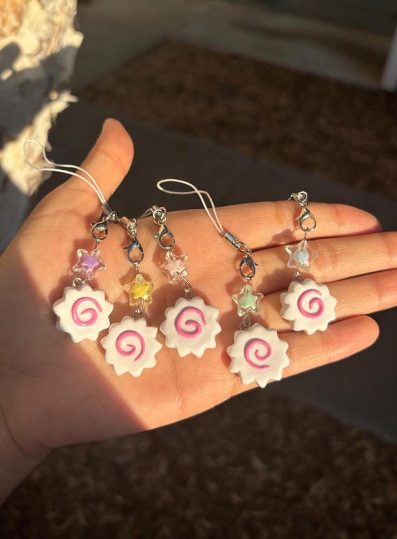 Narutomaki Charms, Handmade Polymer Clay Phone Charm or Keychain, Kawaii Food Bag Accessory, Pastel Star Bead, Ramen, Naruto Anime Gift Idea