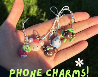 Mini Spring Phone Charms, Cute Bear with Clover, Flower, Apple, Strawberry, & Raindrop, Handmade Kawaii Accessories for Phones, Polymer Clay