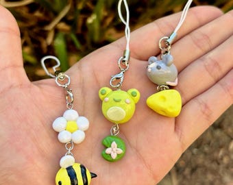 Cute Animal Clay Charms – Frog, Bumble Bee, and Mouse Keychains, Handmade Polymer Clay Accessory for phone, key, bags, Kawaii gift ideas