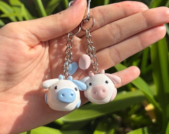 Pink and Blue Cow Keychains, Handmade Cute Polymer Clay Charm, Farm Animal, Kawaii Accessory, Baby Shower, Matching Couple, Friendship Gifts