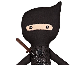 Handmade Ninja Girl Rag Doll: Black Shinobi Plush Toy (15 inch)
