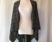 Dark Charcoal Gray and Black Plaid Wool Flannel Poncho Cape Wrap Open Cardi Cardigan Topper Fall Fashion Blanket Jacket