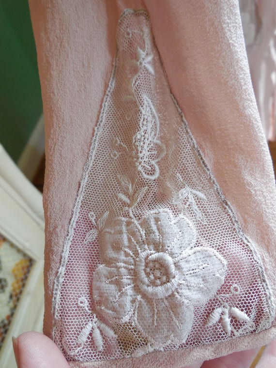 20's Silk Chiffon Dress / Art Deco Lace Inserts /… - image 5