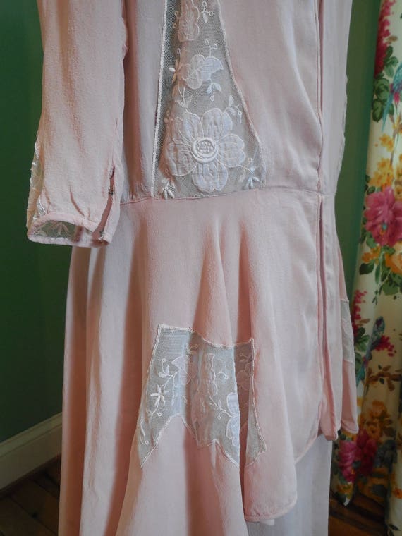 20's Silk Chiffon Dress / Art Deco Lace Inserts /… - image 3