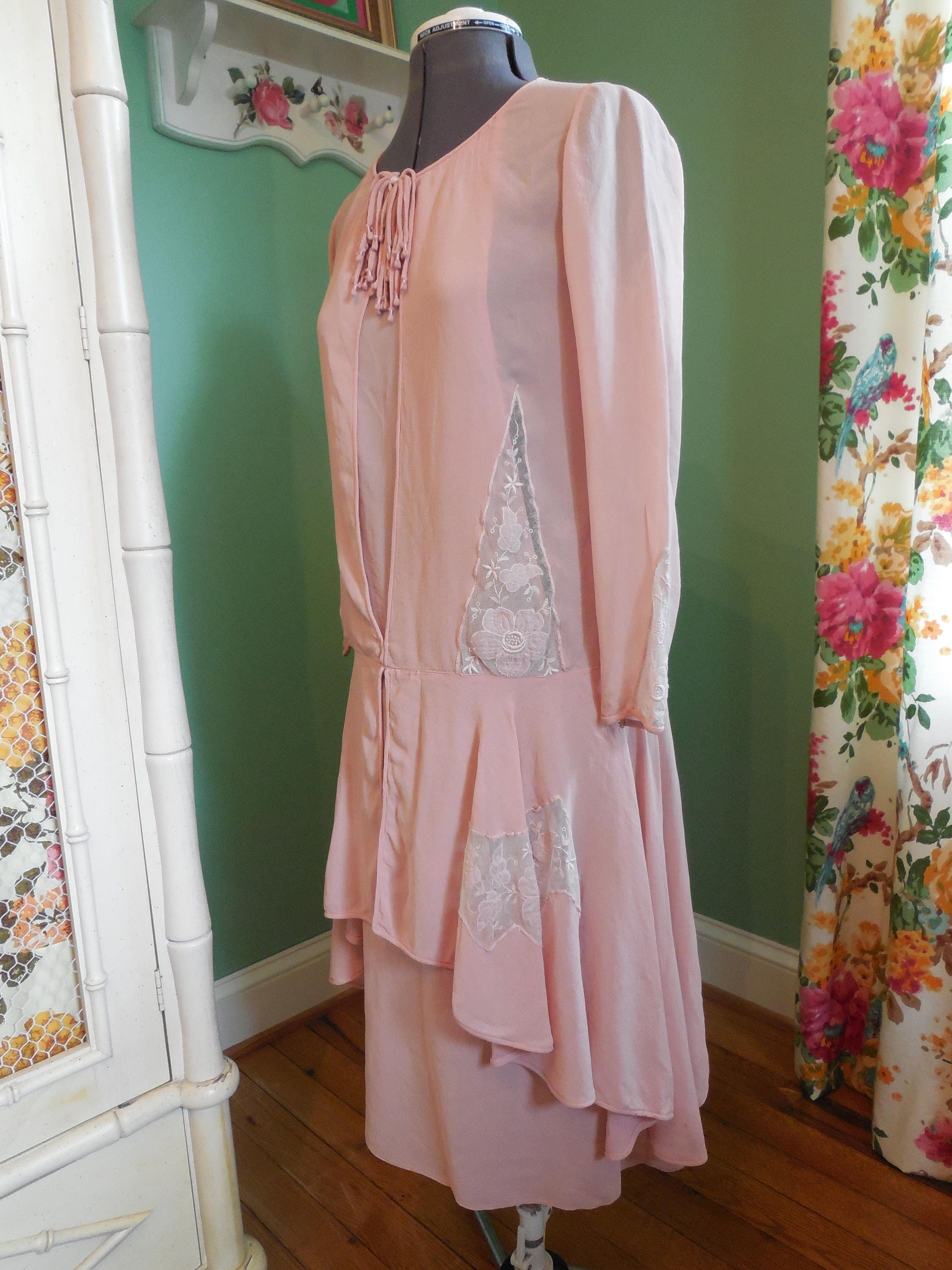 20's Silk Chiffon Dress / Art Deco Lace Inserts / Draped | Etsy