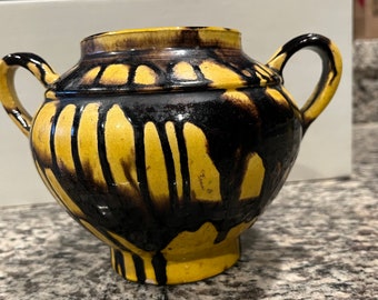 ANTIQUE CERAMIC VASE yellow with dripping paint design