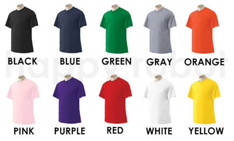 May include: Ten t-shirts in different colours, including black, blue, green, grey, orange, pink, purple, red, white, and yellow.