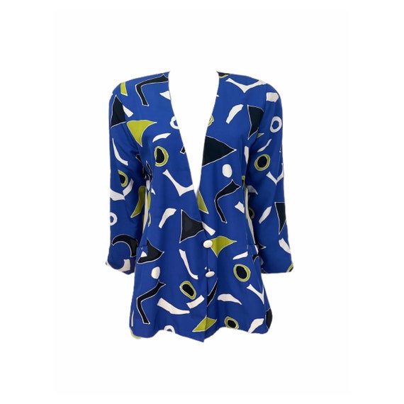 VTG Geometric Abstract Print Button Front Blue Bl… - image 2