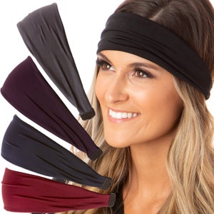 Hipsy Women&#39;s Adjustable Wide Spandex PETITE & PLUS Size Xflex Basic Black, Burgundy, Navy, Plum and Dark Grey Workout Fashion Headband