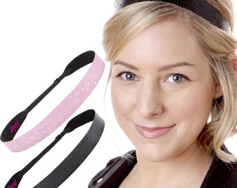 Hipsy Adjustable No Slip PETITE or PLUS Size Geo Sport Pink & Black Running Fitness Workout Fashion Sports Headband Wide 2pk Gifts for Women