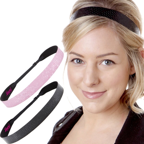 Hipsy Adjustable No Slip PETITE or PLUS Size Geo Sport Pink & Black Running Fitness Workout Fashion Sports Headband Wide 2pk Gifts for Women