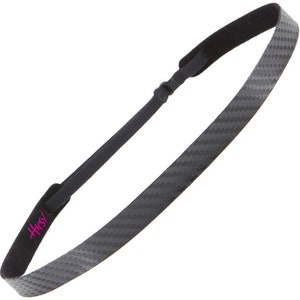 May include: Black headband with a carbon fiber pattern and a pink "Hirsy" logo.