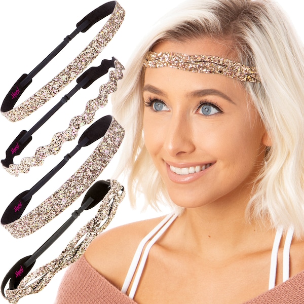 Hipsy Rose Gold Glitter Headband PETITE & PLUS Size Adjustable No Slip Skinny Wave Wide Braided Bling Sparkly Gifts for Women and Girls