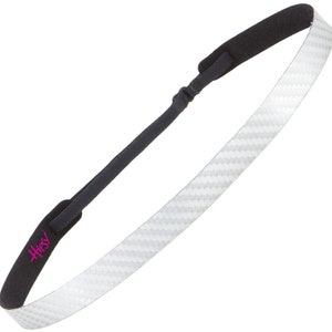 May include: A black and white patterned headband with a black elastic band and the word "Hissy" printed in pink on the band.