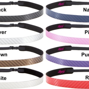 May include: Eight headband styles in a variety of colors, including black, navy, silver, pink, brown, purple, white, and red. Each headband has a carbon fiber pattern.