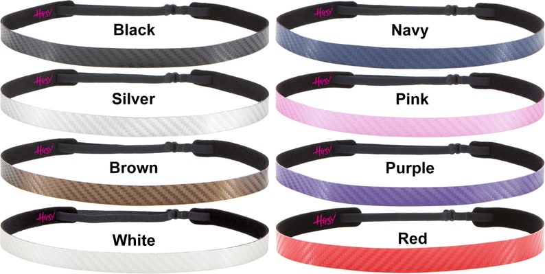 May include: Eight headband styles in a variety of colors, including black, navy, silver, pink, brown, purple, white, and red. Each headband has a carbon fiber pattern.
