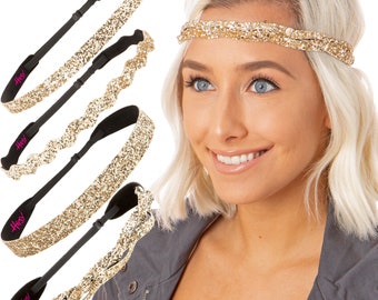 Hipsy Gold Bling Glitter Headband PETITE & PLUS Size Adjustable No Slip Skinny Wave Wide Braided Sparkly Gifts for Women Teens and Girls