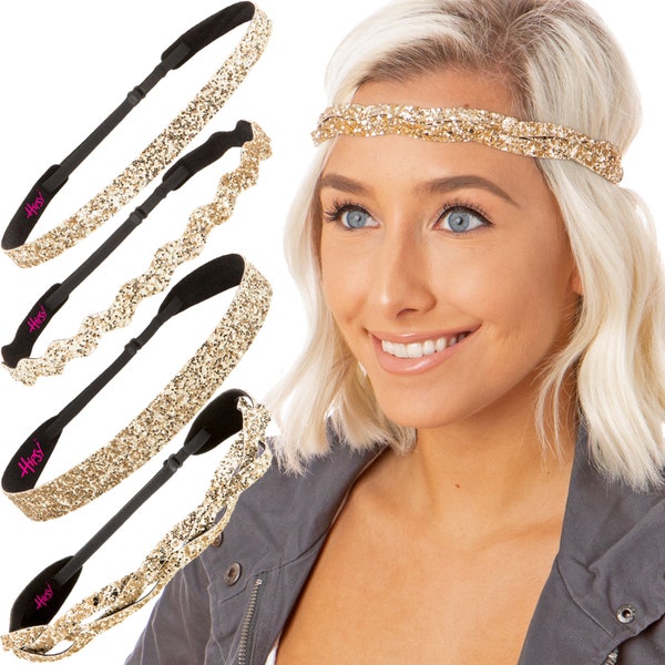 Hipsy Gold Bling Glitter Headband PETITE & PLUS Size Adjustable No Slip Skinny Wave Wide Braided Sparkly Gifts for Women Teens and Girls