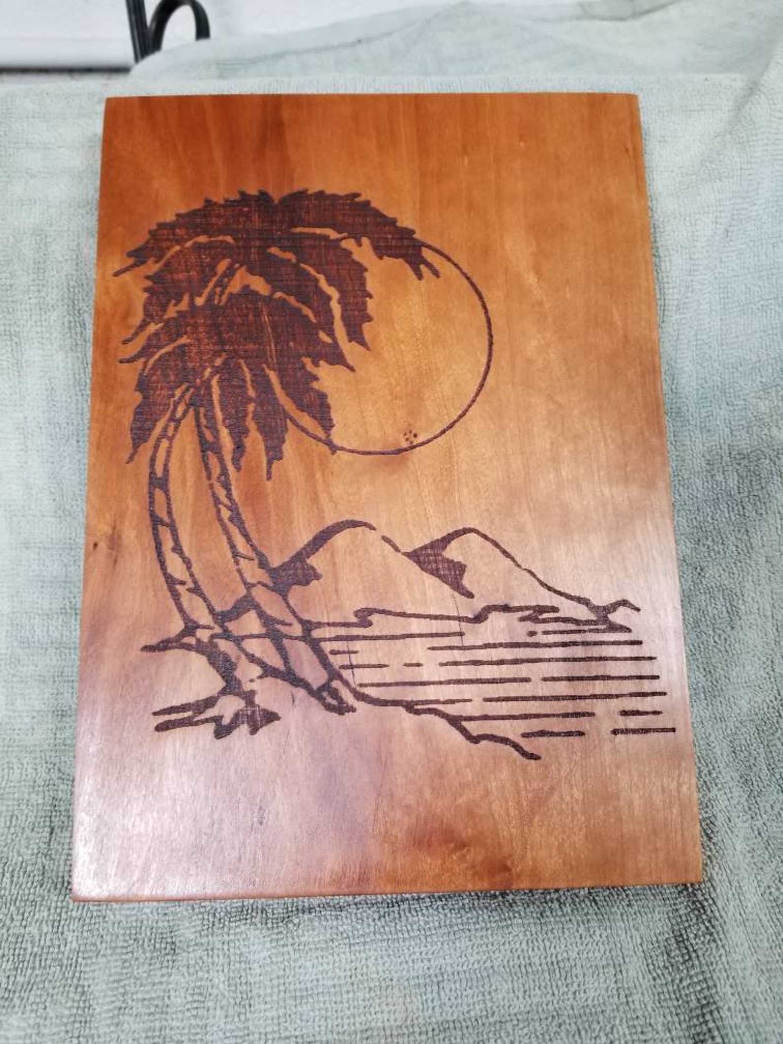 Laser engraved Beach scene on Cherry wood Etsy