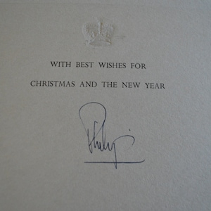 Sua Altezza Reale il Principe Filippo Duca di Edimburgo, biglietto di Natale autografato al Rev. Taylor Preside Cheam 1958