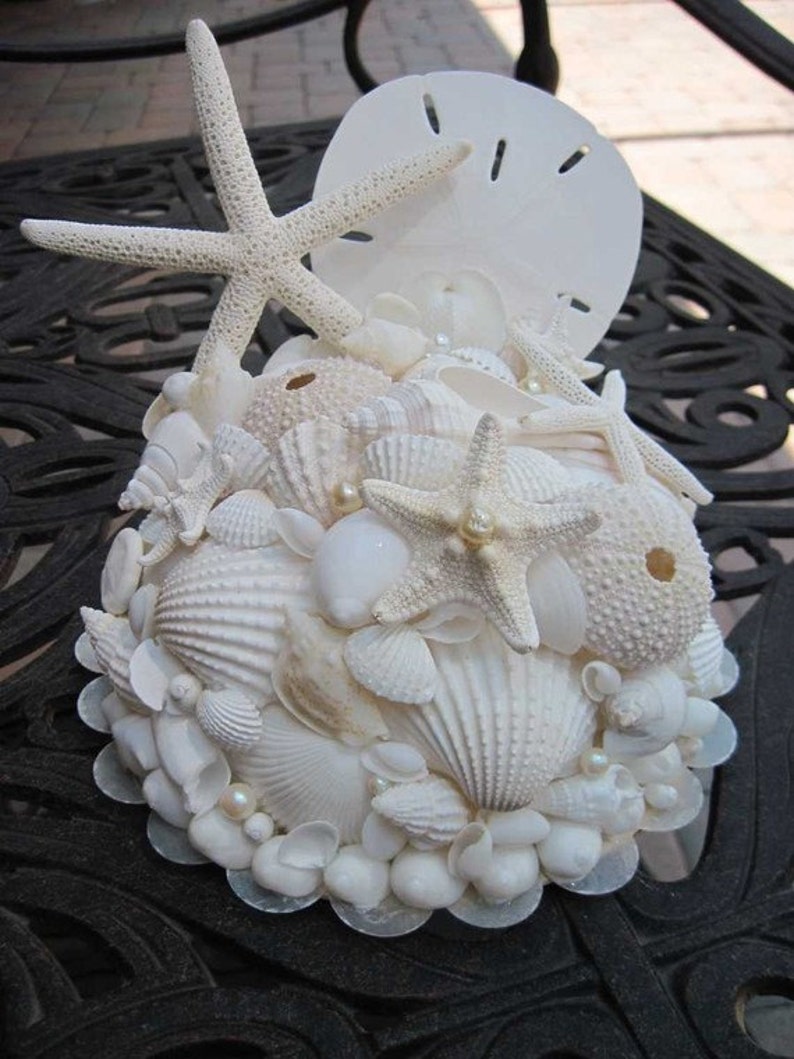 Beach Wedding Wedding Cake Topper Starfish Seashell Cake Topper Shell Cake Decorations All White image 1