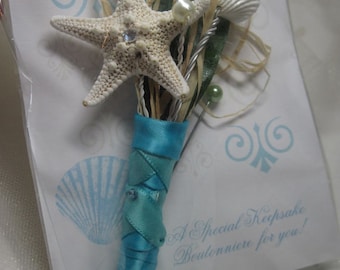 Boutonniere for Beach Weddings  - Turquoise with Starfish - Starfish Bout - Seashells, Crystals and Feathers