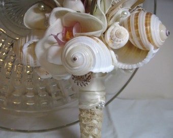 Shell Wedding Bouquet - Beach Wedding- Natural Seashell Bouquet - Romance of the Sea Romantic Bouquet - Antique Lace