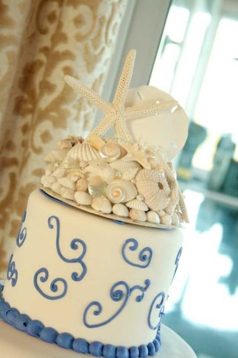 Beach Wedding Wedding Cake Topper Starfish Seashell Cake Topper Shell Cake Decorations All White image 2