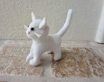 Hand-sewn White Felt Cat, Small Stuffed Kitty Soft Toy, Cat Lover Gift