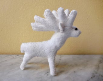 White reindeer holiday decoration, Christmas reindeer ornament, soft sculpture felt stuffed animal