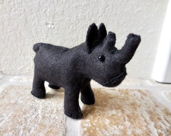 Black Felt Rhino, Handmade Endangered Species Stuffed Rhinoceros