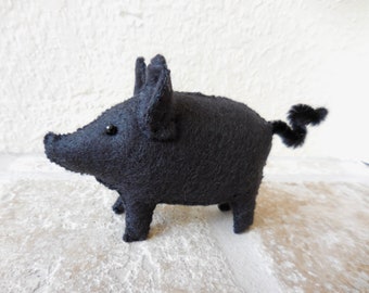 Black felt pig, handmade pig farm animal, little piggy felt stuffed animal