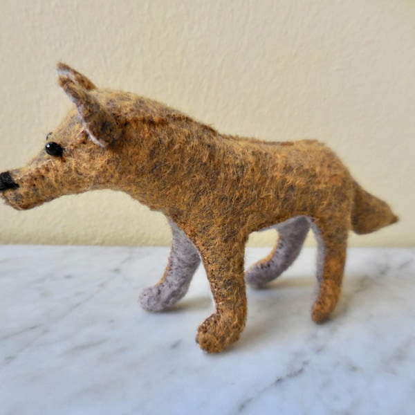 Small felt coyote soft sculpture, stuffed coyote figure, stuffed felt animal