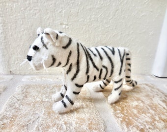 White felt stuffed tiger with black stripes, soft sculpture gift for tiger lover, endangered animal, stuffed felt animal