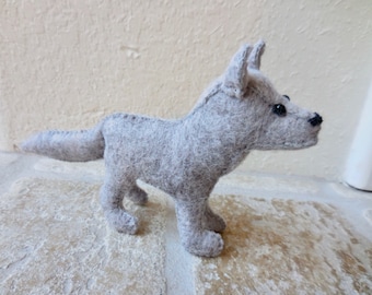 Small wolf, gray felt wolf, felt toy wolf, woodland animal, soft sculpture, stuffed felt animal