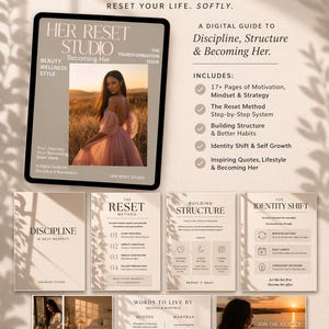 以下が含まれることがあります： 「Her Reset Magazine」のデジタルダウンロード。規律、構造、自己成長に焦点を当てています。ガイド、引用句、マントラが含まれています。表紙にはピンクのドレスを着た女性が描かれています。17ページ以上含まれています。