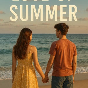 May include: Book cover for "Love of Summer" showing a couple holding hands on a beach. The woman is in a yellow floral dress, and the man wears a rust-coloured shirt and denim shorts. The title is in large, cream-coloured letters.