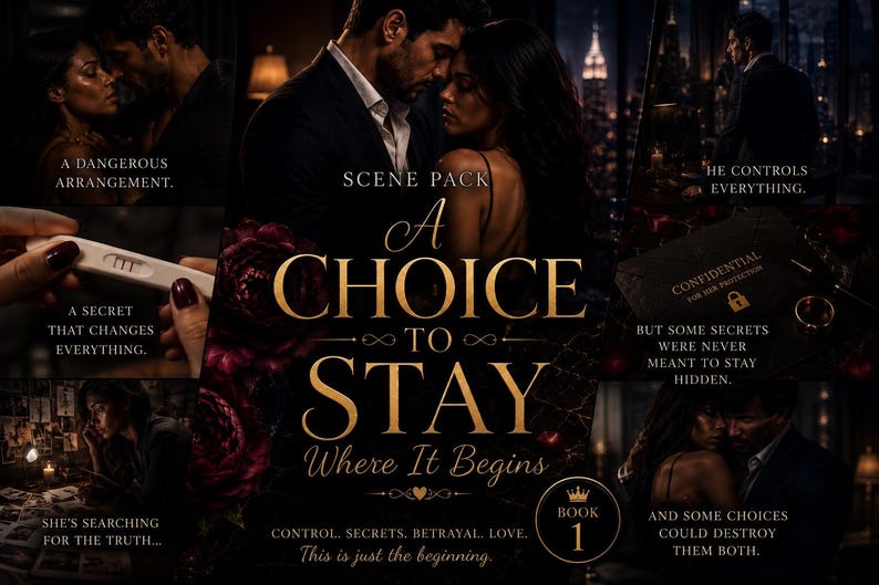 Op de afbeelding: Boekomslag met de titel "A Choice to Stay" in gouden letters. De afbeelding toont stellen, een zwangerschapstest en de tekst "Control, Secrets, Betrayal, Love." Het boek is gelabeld als Boek 1.