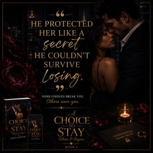 Op de afbeelding: Promotieafbeelding voor het boek "A Choice to Stay" van Lena Conway. De afbeelding toont een omhelzend stel, met tekst overlay. Een boek en telefoon tonen de cover, en een brandende kaars is zichtbaar.