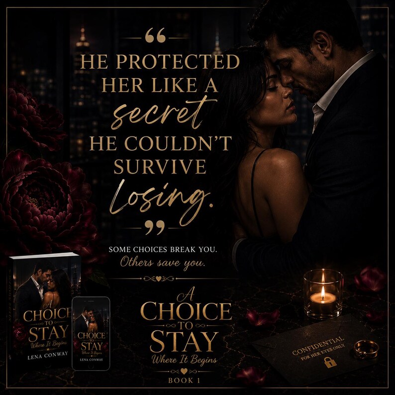 Op de afbeelding: Promotieafbeelding voor het boek "A Choice to Stay" van Lena Conway. De afbeelding toont een omhelzend stel, met tekst overlay. Een boek en telefoon tonen de cover, en een brandende kaars is zichtbaar.